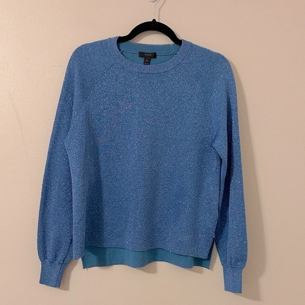 J. Crew Womens Blue Sparkle Knit Side Slit Sweater Sz Small Party Boho Coastal
